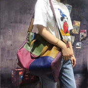 Women Leather Color Contrast Large Capacity Crossbody Shoulder Bag