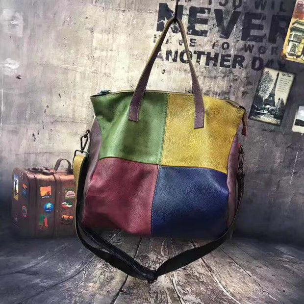 Women Leather Color Contrast Large Capacity Crossbody Shoulder Bag