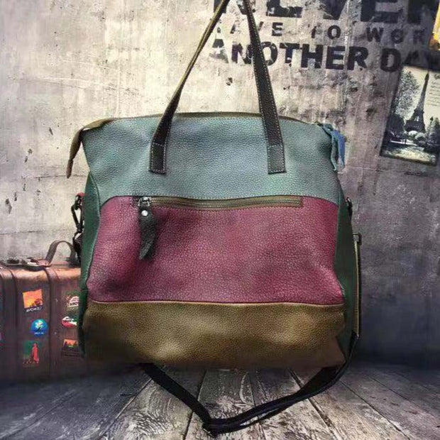 Women Leather Color Contrast Large Capacity Crossbody Shoulder Bag