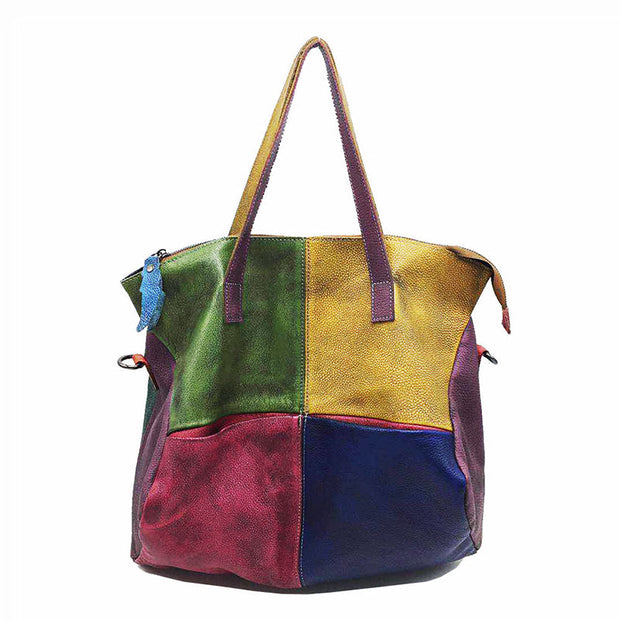 Women Leather Color Contrast Large Capacity Crossbody Shoulder Bag