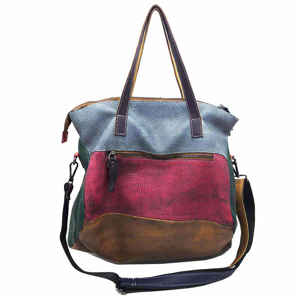 Women Leather Color Contrast Large Capacity Crossbody Shoulder Bag