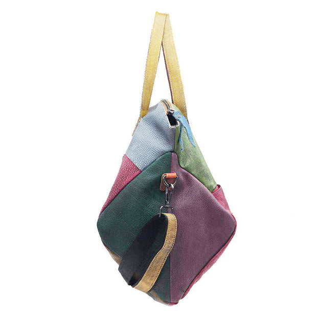 Women Leather Color Contrast Large Capacity Crossbody Shoulder Bag