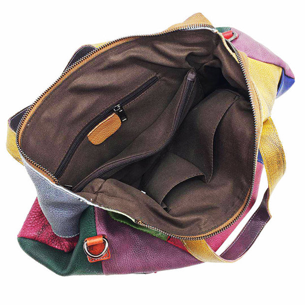 Women Leather Color Contrast Large Capacity Crossbody Shoulder Bag