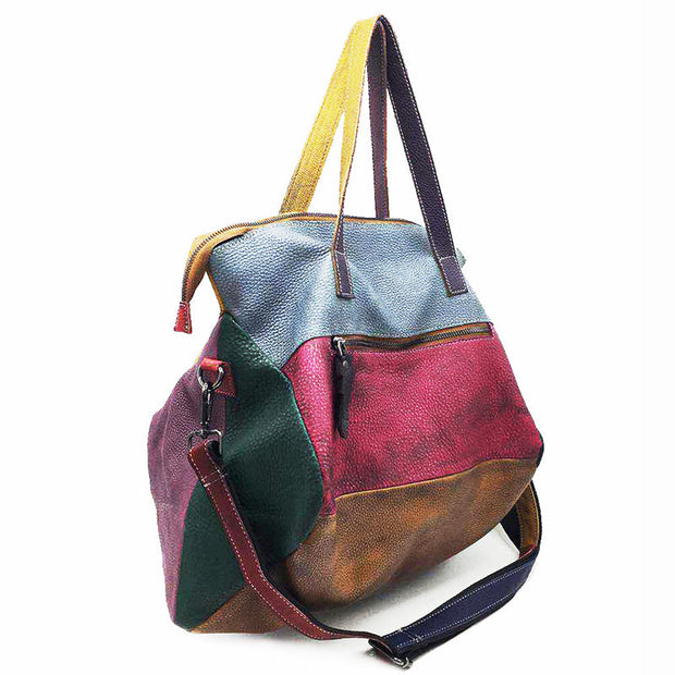Women Leather Color Contrast Large Capacity Crossbody Shoulder Bag