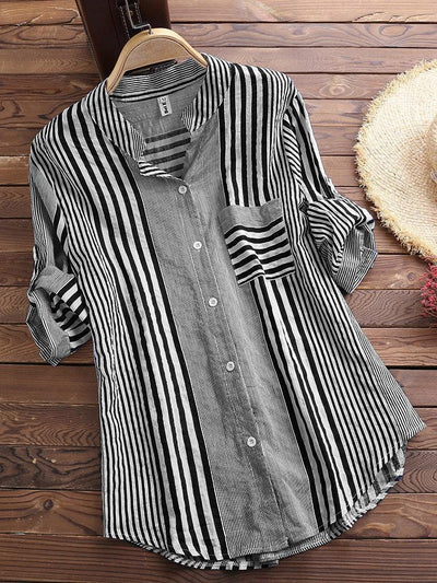 Patchwork Stripe Print Stand Collar Irregular Casual Long Sleeve Shirt