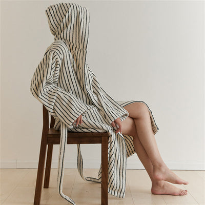 Stripe Breathable Cotton Gauze Long Sleeve Autumn Winter Warm Bathrobe Absorbent Bathrobe Robe