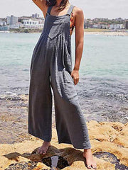 Women's loose solid color cotton and linen pocket jumpsuit