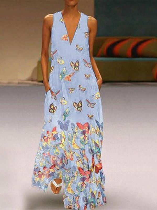 Ladies boho butterfly print V-neck dress