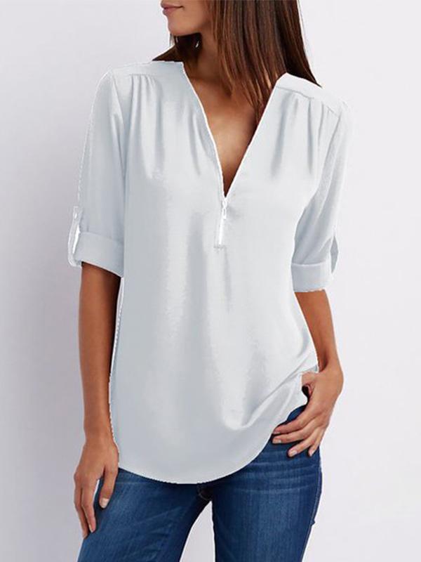 Women's V-neck zipper oversized chiffon shirt