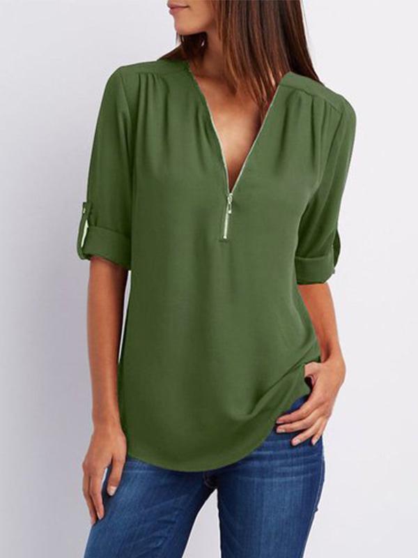 Women's V-neck zipper oversized chiffon shirt