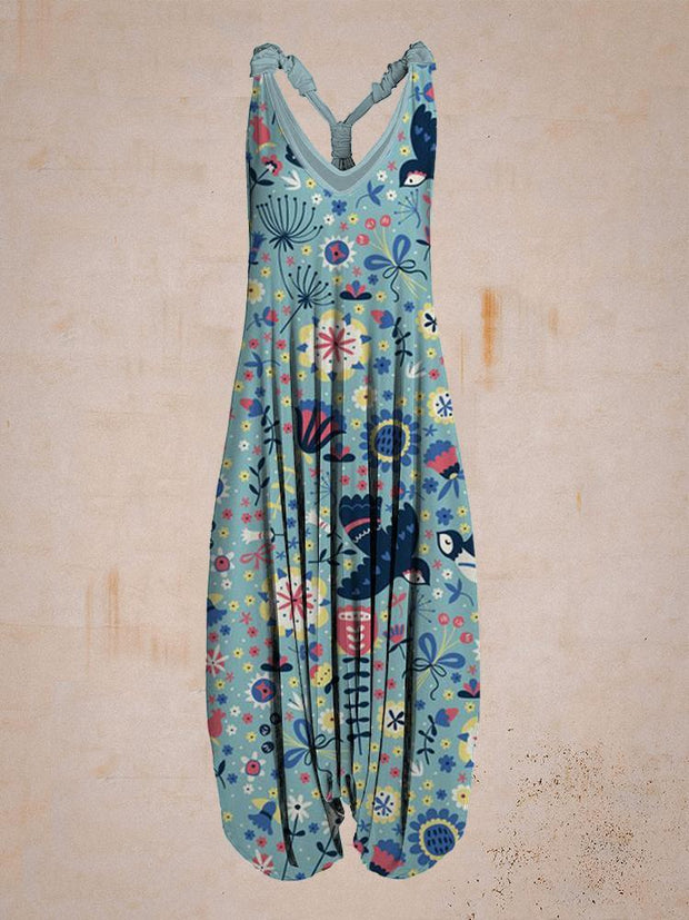 Women Vintage Flower and Bird Print Sleeveless Harem Jumpsuit