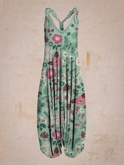 Women Vintage Flower and Butterfly Print Sleeveless Harem Jumpsuit
