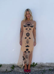 Embellished Mesh Tattoo Dress