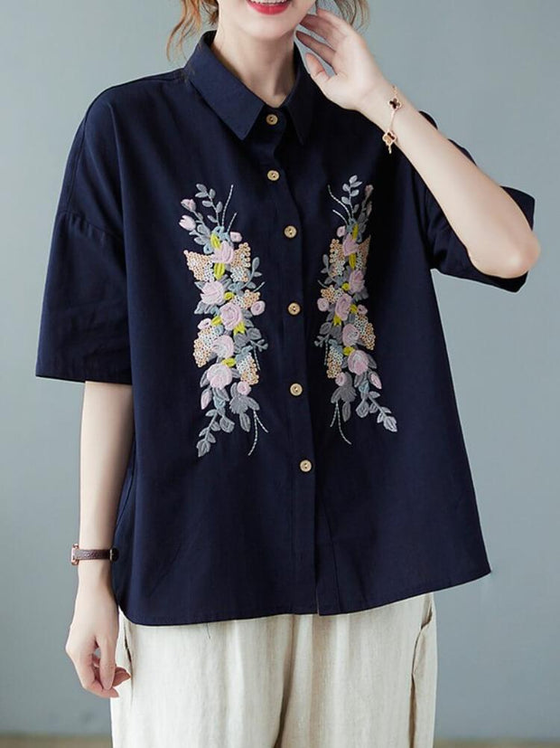 Women's Loose Embroidered Short Sleeved Shirt