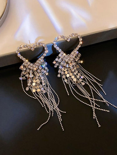 Diamond Studded Rice Beads Love Tassel Earrings