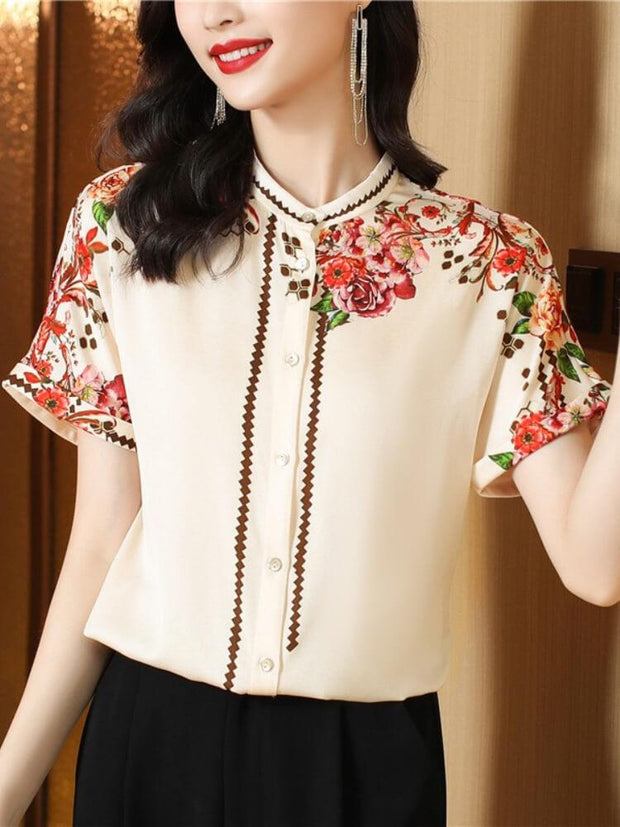 Women's Floral Stand Collar Short Sleeved Shirt