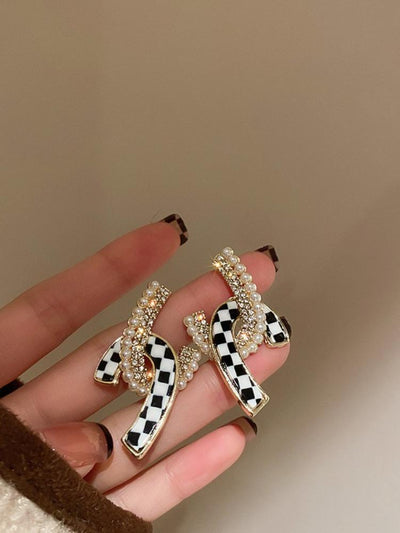 925 Silver Needle Diamond Pearl Checkerboard Earrings