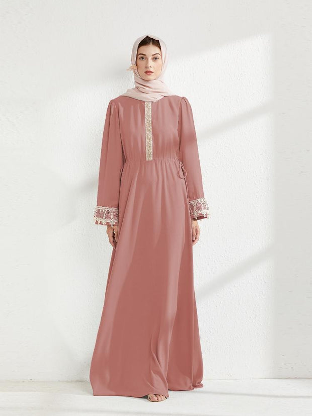 Waist Embroidered Muslim Chiffon Long Dress