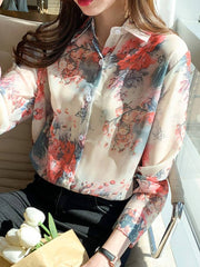 Floral Chiffon Long Sleeved Printed Shirt