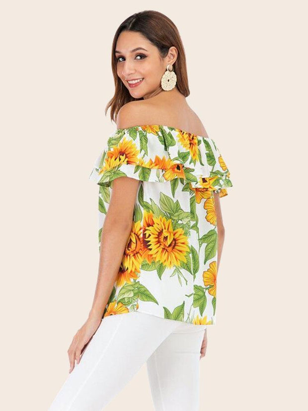 Off Shoulder Printed Short Sleeve Shirt