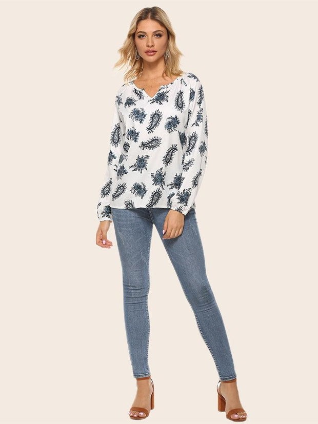 Printed Half Open Neck T-shirt Long Sleeve Top