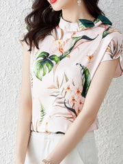 Bow Tie Shirt Short Sleeve Printed Blouse