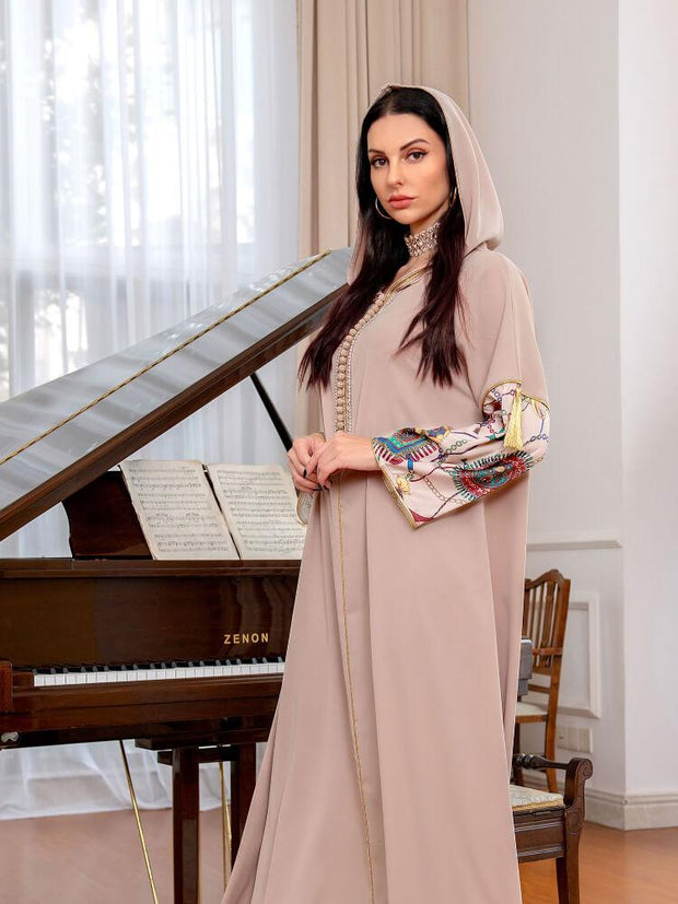 Women's Stitched Diamond Robe Hooded Tassel Abaya Dress