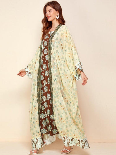 Women's Printed Fake Two Piece Lace Dress Kaftan