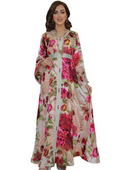 Women's Flower Print Belt Dress Jalabiya
