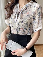 Floral Chiffon Short Sleeve Bow Tie Lace Up Shirt