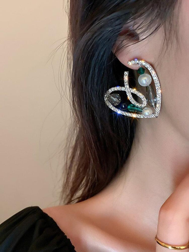 Silver Needle Diamond Crystal Pearl Love Earrings