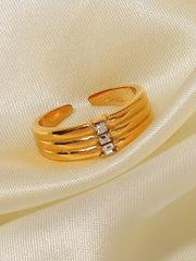 18K Gold Stainless Steel Wide Three Diamond Ring