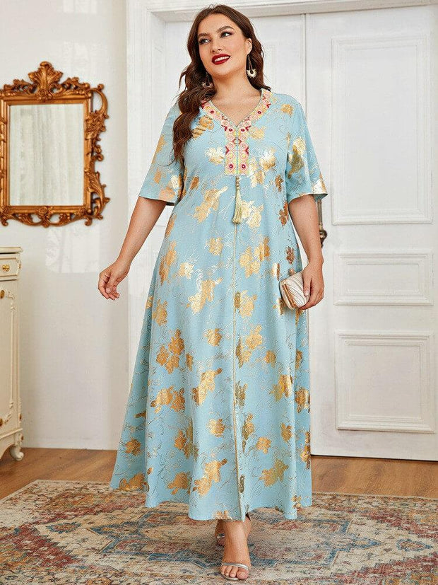 Women's Plus Size Gold Print Embroidered Tassel Short Sleeve Jalabiya Dress
