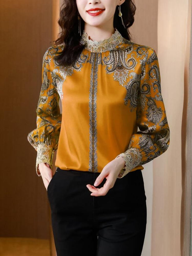 Embroidered Stand Collar Printed Long Sleeve Top