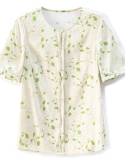 Round Neck Short Sleeve Leaf Print Shirt