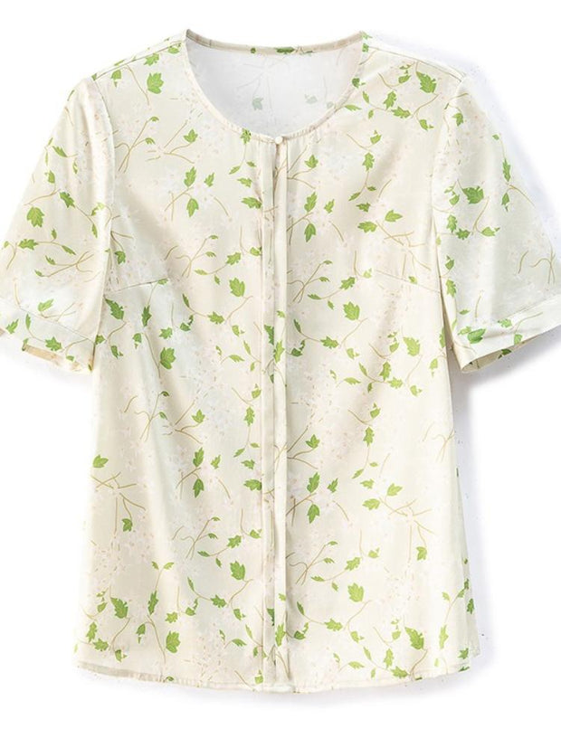 Round Neck Short Sleeve Leaf Print Shirt