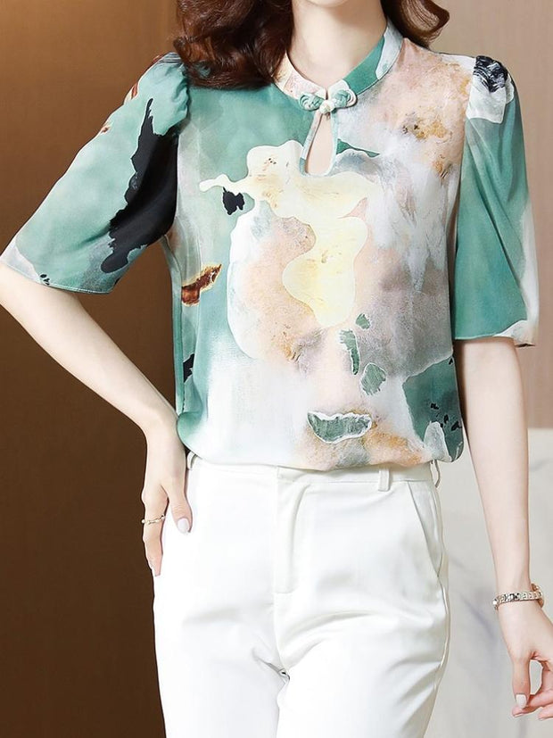 Button Short Sleeve Printed Top
