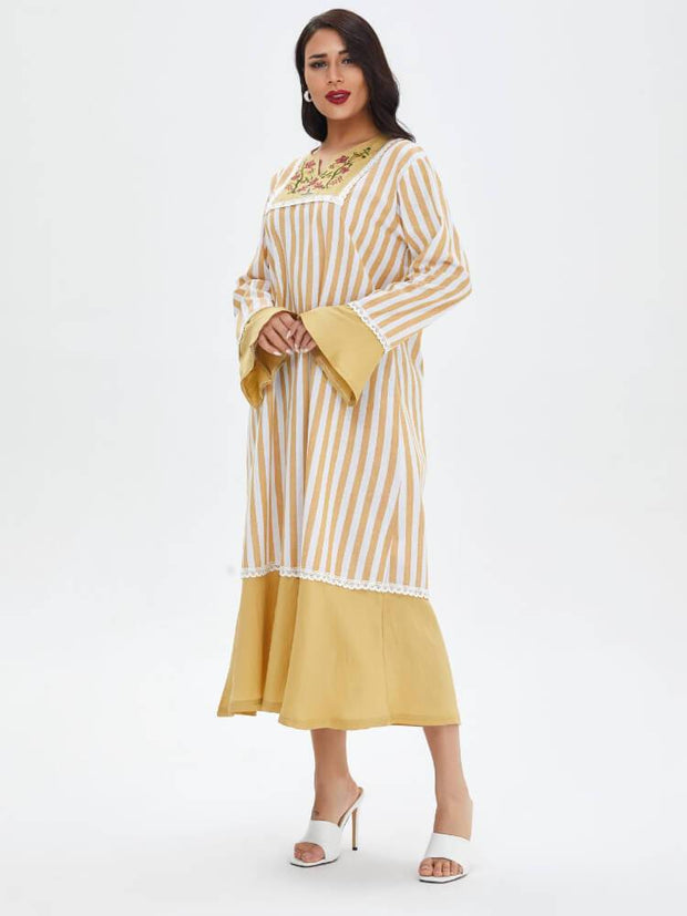 Women's Stripe Embroidered Long Sleeve Jalabiya Dress