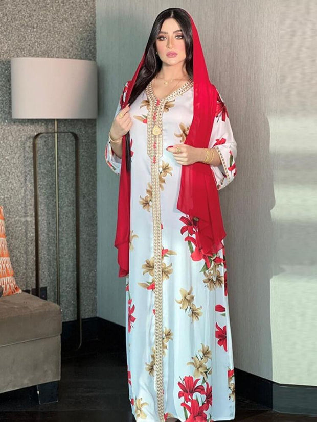 Women's Printed Ribbon Jalabiya Dress