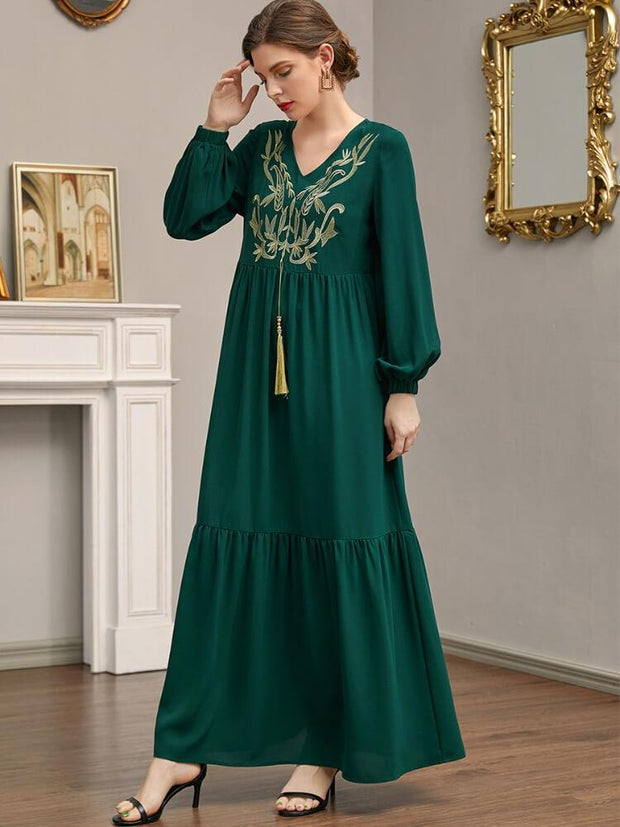 Women's Loose V-neck Embroidery Tassel Jalabiya Dress