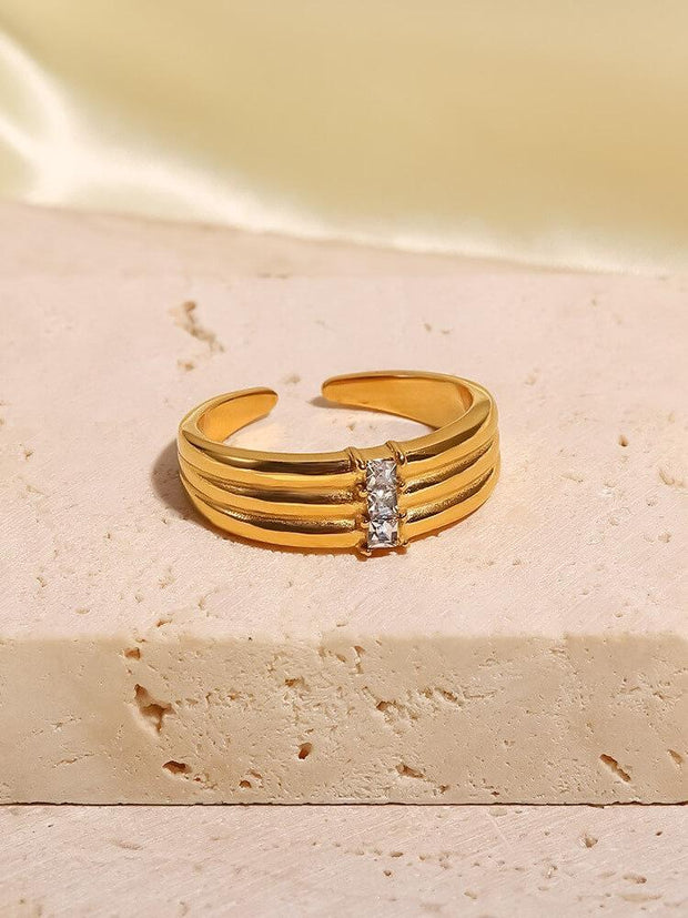 18K Gold Stainless Steel Wide Three Diamond Ring