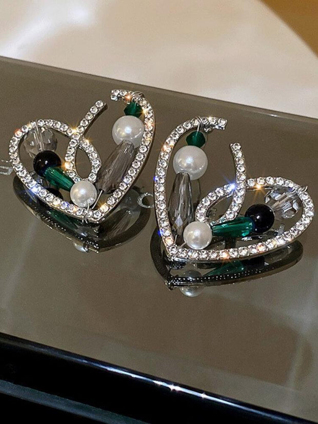 Silver Needle Diamond Crystal Pearl Love Earrings