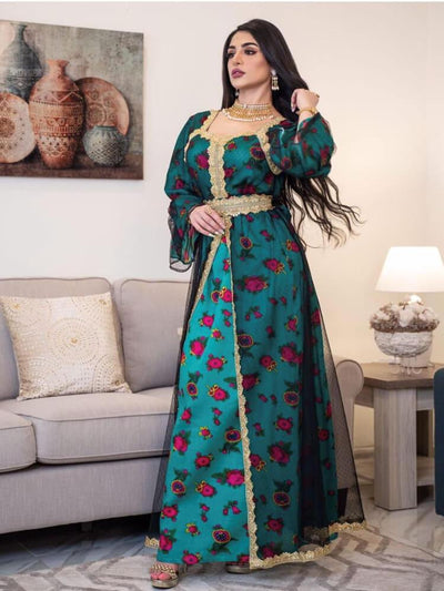 Women's Printed Embroidery Lace Mesh Dress Jalabiya