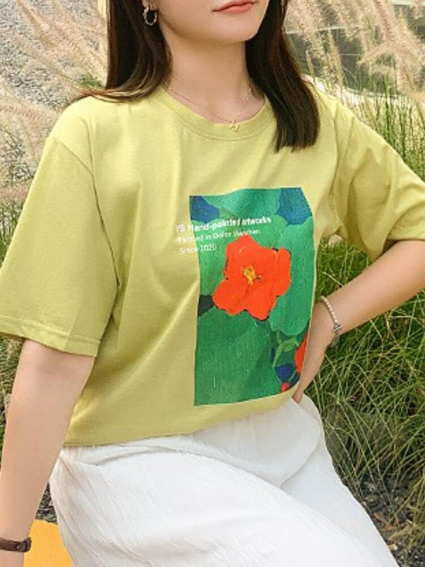 Women's Plus Size Floral Round Neck Short Sleeve T-shirt