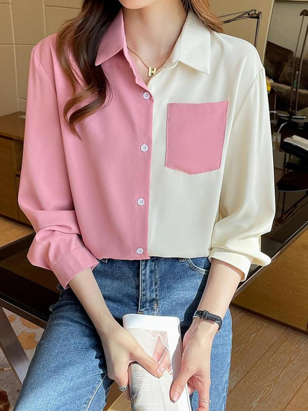 Women's Patchwork Lapel Blouse