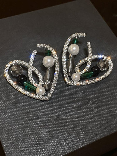 Silver Needle Diamond Crystal Pearl Love Earrings