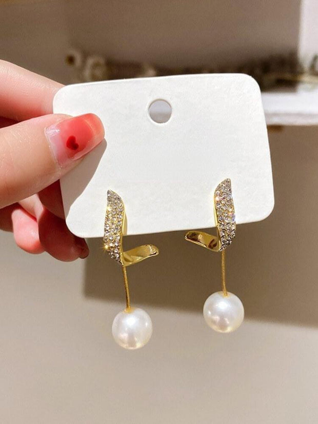 925 Silver Needle Diamond Pearl Earrings