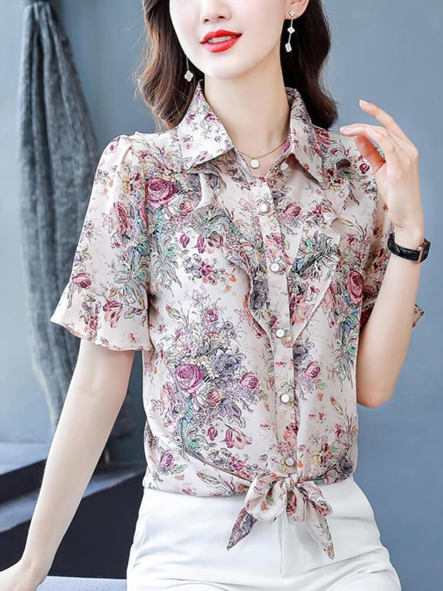 Women's Ruffled Floral Sleeve Chiffon Shirt