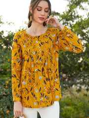 Women's Flower Print Pleated Cotton Linen Long Sleeved Blouses