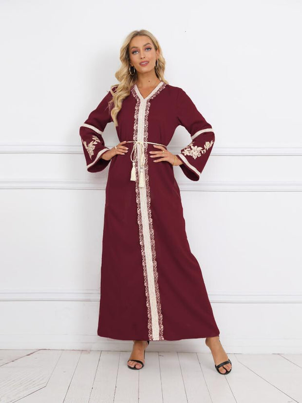 Solid Color Waist Embossed Muslim Jalabiya Dress